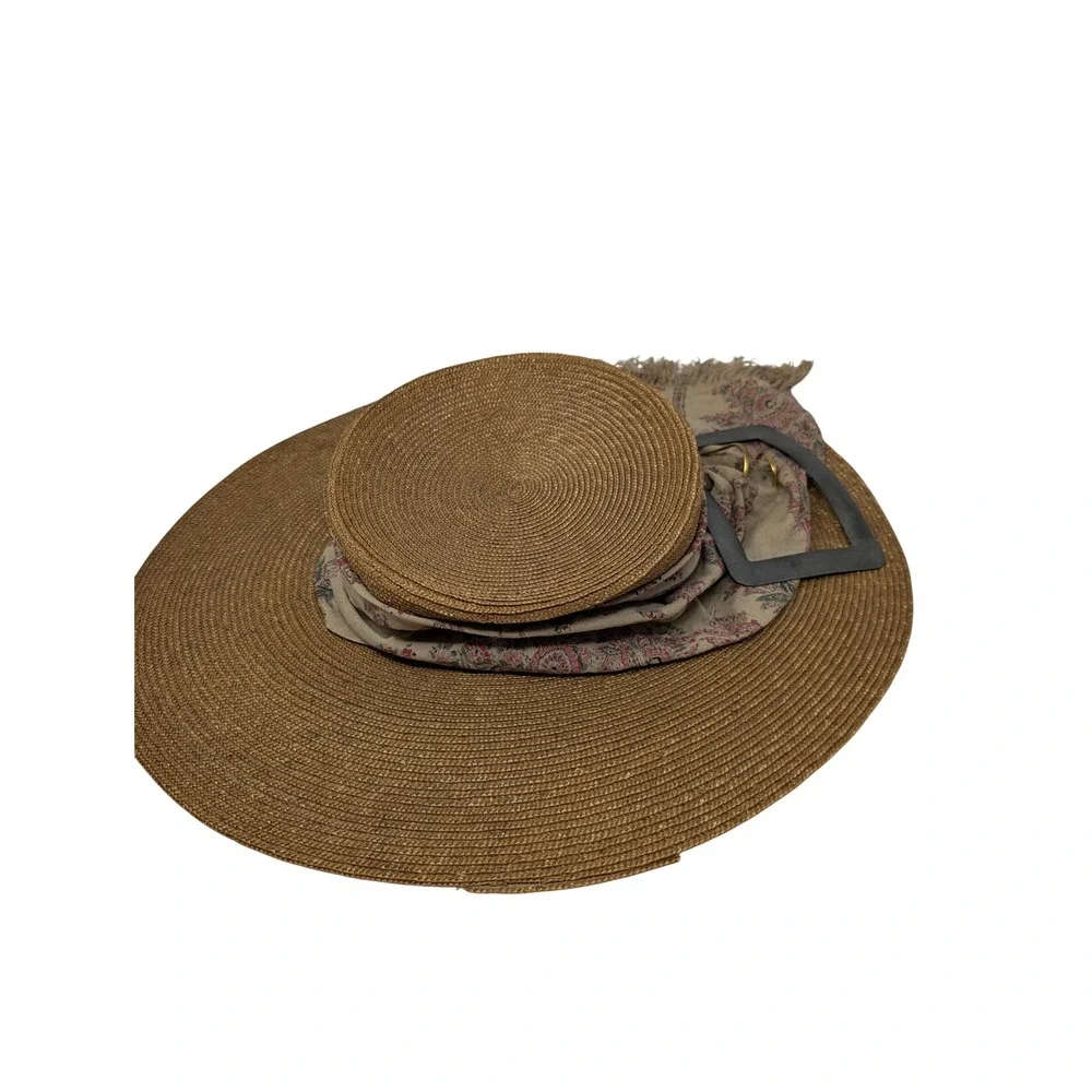 Vintage Wide Brim Straw Sun Hat Floral‎ Scarf Large Buckle Detail Summer Beach